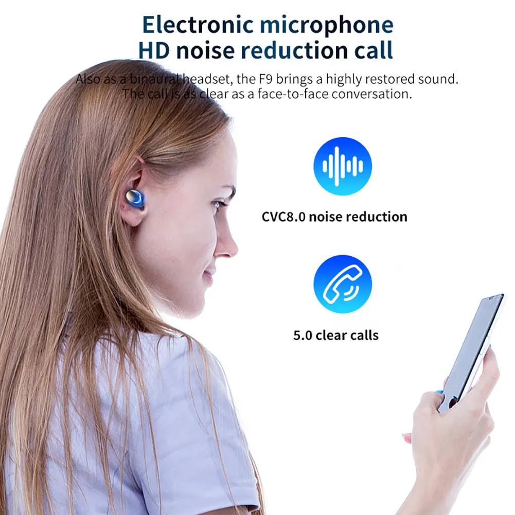 Fones de ouvido F9 5C Bluetooth 5.0 Fones de ouvido sem fio TWS Fones de ouvido viva-voz Fones de ouvido esportivos Fones de ouvido para jogos