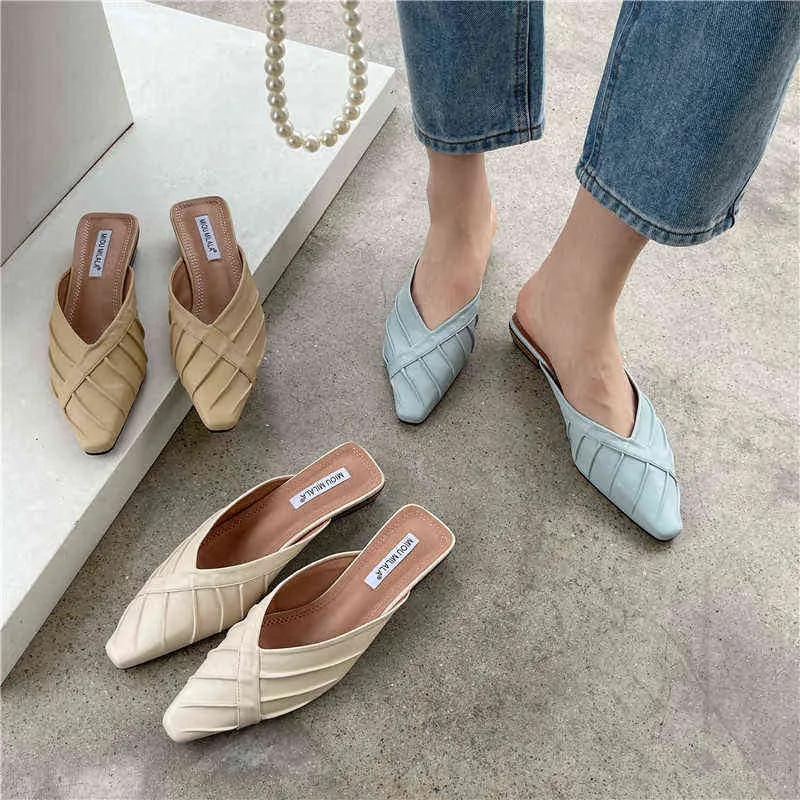 Sandels Pantoufles Extérieures Femmes été New Wedge Toe Demi Paresseux Version Coréenne Sandales et Chaussures Étudiantes Pointues 220303