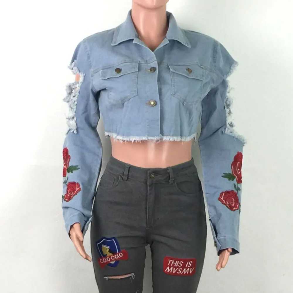 Sexy Trou Dos Nu Cropped Jeans Veste Vintage Broderie Rose Déchiré Femmes Printemps Automne Crop Top Hip Hop Denim Outwear T200827