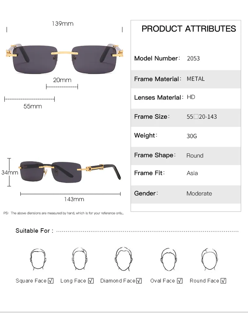 Carti Glasögon Solglasögon för kvinna Guld Silver Fashion Sunshade Composite Metal Wood Rimless Optical Rectangle Frame Classic Man327o