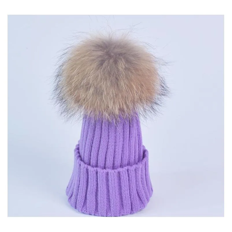 Gorros de costilla de punto para mujer de diseñador con bola de pelo de perro de mapache real Niños Fancy Plain Fur Pom Sombreros de invierno para mujer K wmtuAT lucky211G