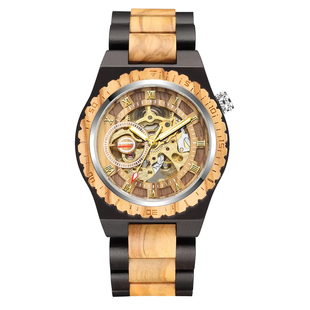 Creatief mechanisch hout horloge steampunk skeleton automatische mannen natuurlijke houten klok holle beweging mode armbanden B1205