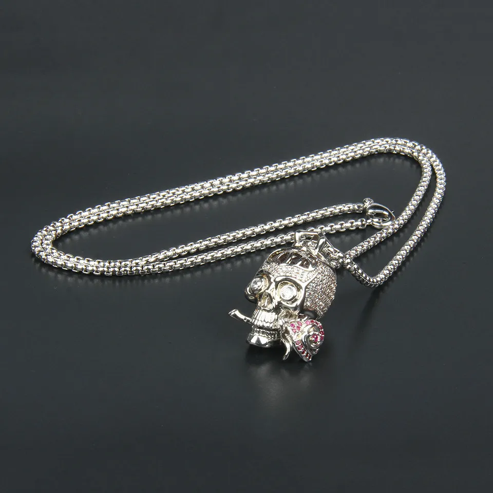 Clear CZ Rose Skull Necklace Fashion Rostfritt stål smycken gåva hänge metall länk kedja parti män 26x21mm227q