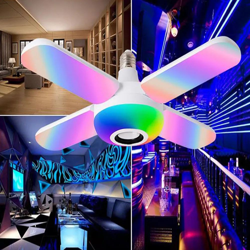 Bluetooth-Musiklicht, RGB-LED-Lampe, vier Blätter, fächerförmig, 50 W, E27-Glühbirnen mit Fernbedienung, faltbare Smart-Lautsprecher-Lichter
