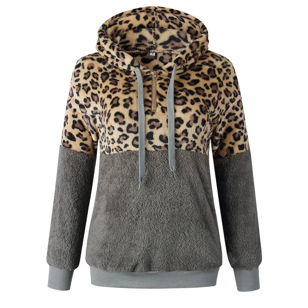 Leopard Teddy Sweater con capucha de gran tamaño Sherpa Pullover New Plus Size 5XL Fluffy Feece Sweaters Mujer Leopard Warm Streetwear 201030