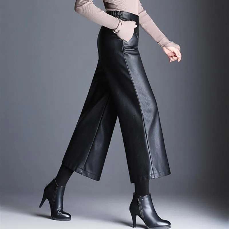 Plus size hoge taille PU brede been enkellange broek vrouwen baggy zwart glanzend kunstleer dames losse broek Koreaanse broek 201113