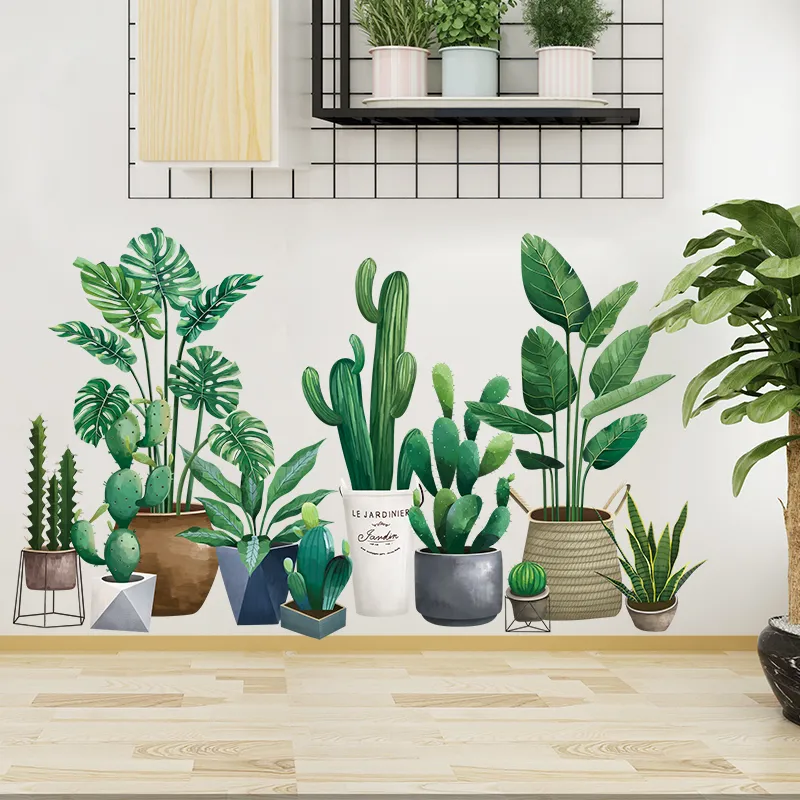 Etiqueta engomada de la pared de la planta verde 3D para la sala de estar Papel tapiz autoadhesivo Estilo nórdico Calcomanías de arte de bricolaje Decoración de la pared del dormitorio T200601