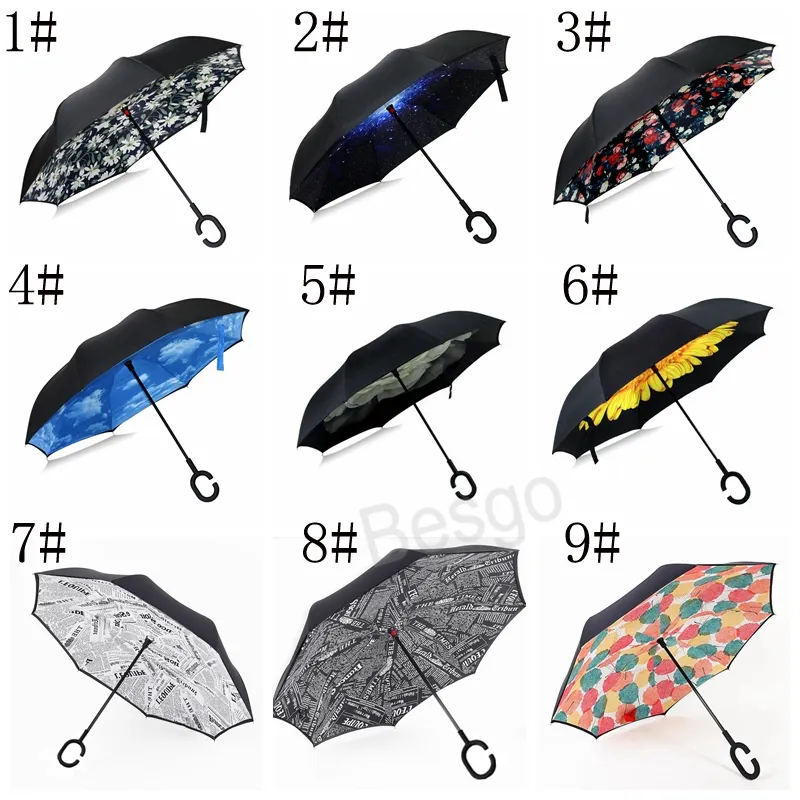 Double Layer Inverted Umbrellas With C Handle Reverse Windproof Sunny Umbrella Unisex Bend Handles Umbrella Portable Rain Gear BH6102 TYJ