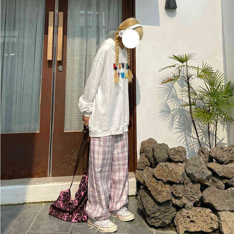 Japanische Harajuku Streetwear Plaid Gerade Hosen Frauen Vintage Weiche Mädchen Hip Hop Elastische Taille Jogger Hosen Koreanische Student Hose 220104