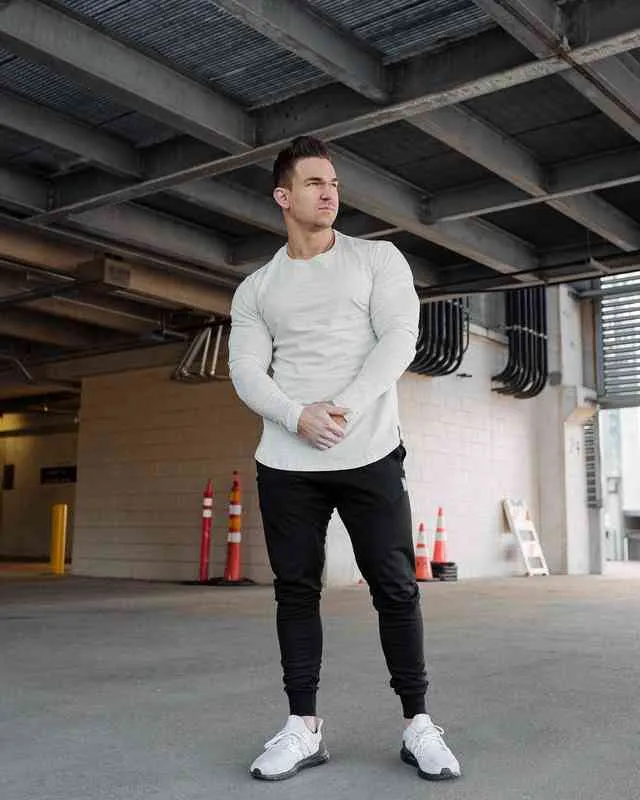 2021 Nouveaux hommes manches longues élasticité serré coton t-shirts homme décontracté gymnase fitness bodybuilding jogger vêtements plus taille m-2xxl g1222