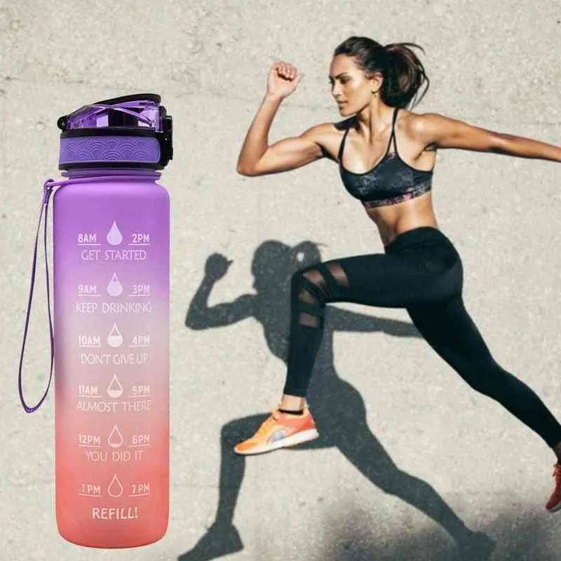 1L Motivational Water Bottle With Time Marker & String Leakproof Canteen Water Jug For Fitness Gym And Outdoor Sport Y1223