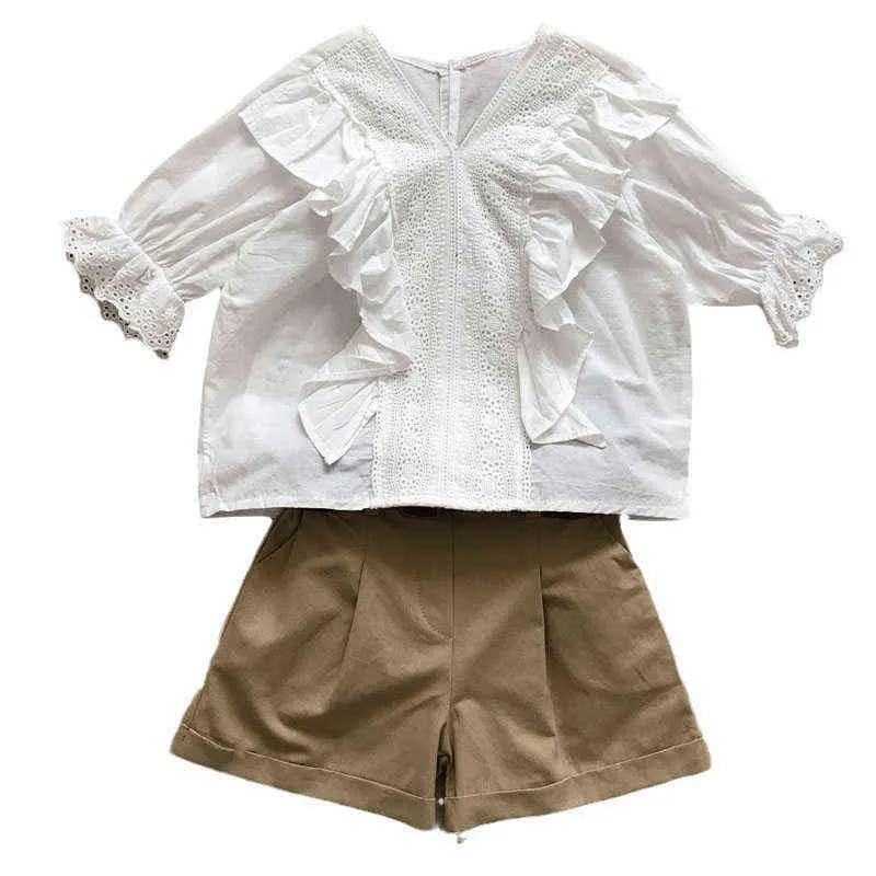 Летние девушки одежда наборы простой сплайсинг кружева V-образным вырезом блузка + шорты + ремень девушки костюм девочек детская детская одежда детская одежда Y220310