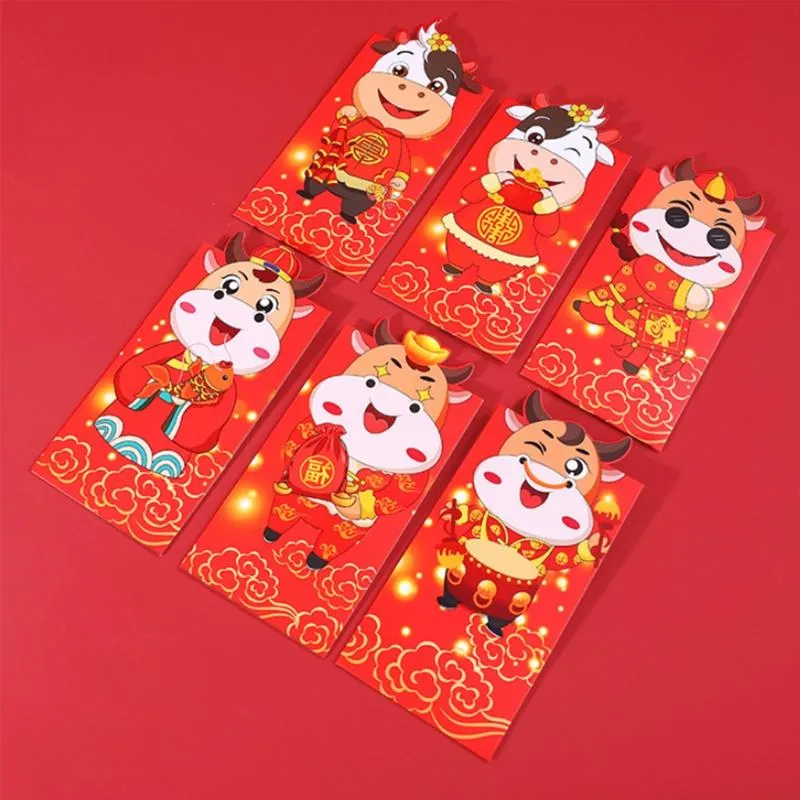 Набор из 6 шт., китайские новогодние красные конверты для денег, год быка, мультяшная сумка для денег 211c