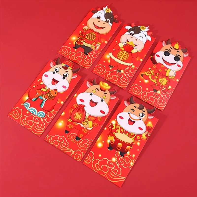 6 pçs conjunto ano novo chinês envelopes de dinheiro vermelho ano do boi cartoon dinheiro bag250m