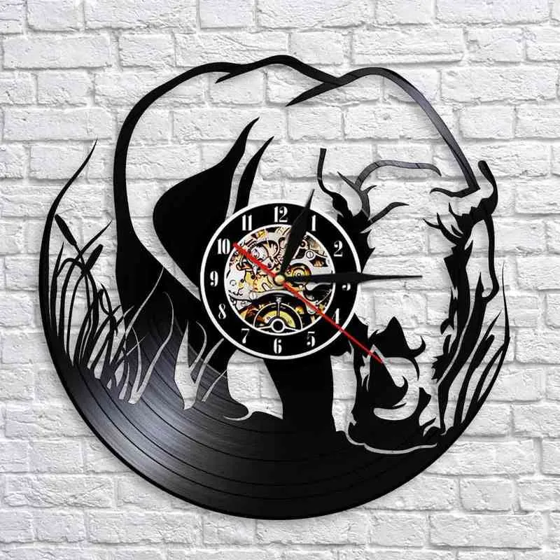 Safari Rhinoceros Vinyl Record Настенные Часы Африканский Дикая природа Джунгли Животные Носорог Лазерный Вырезать Лонгплей Настенные Часы для детской Спальня H1230