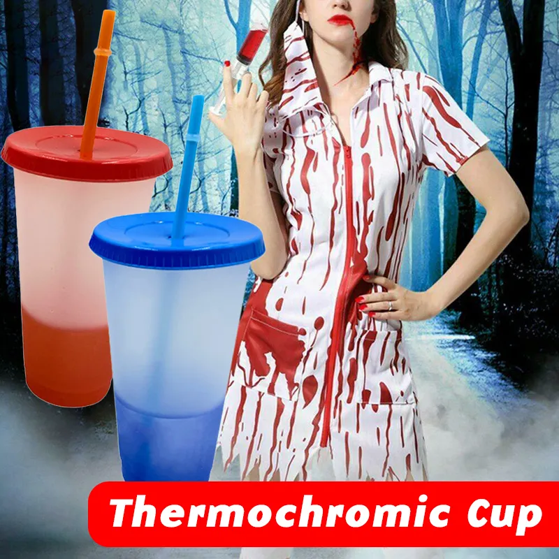 700ml herbruikbare kleur veranderende koude cups temperatuur plastic tuimelaar met deksel bloed vampier party cup achtervolgd drinken halloween cup