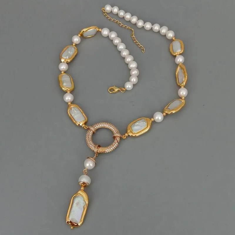 YYING słodkowodne hodowane białe perły biwa prostokątne okrągłe perły Y-drop naszyjnik 18,5 