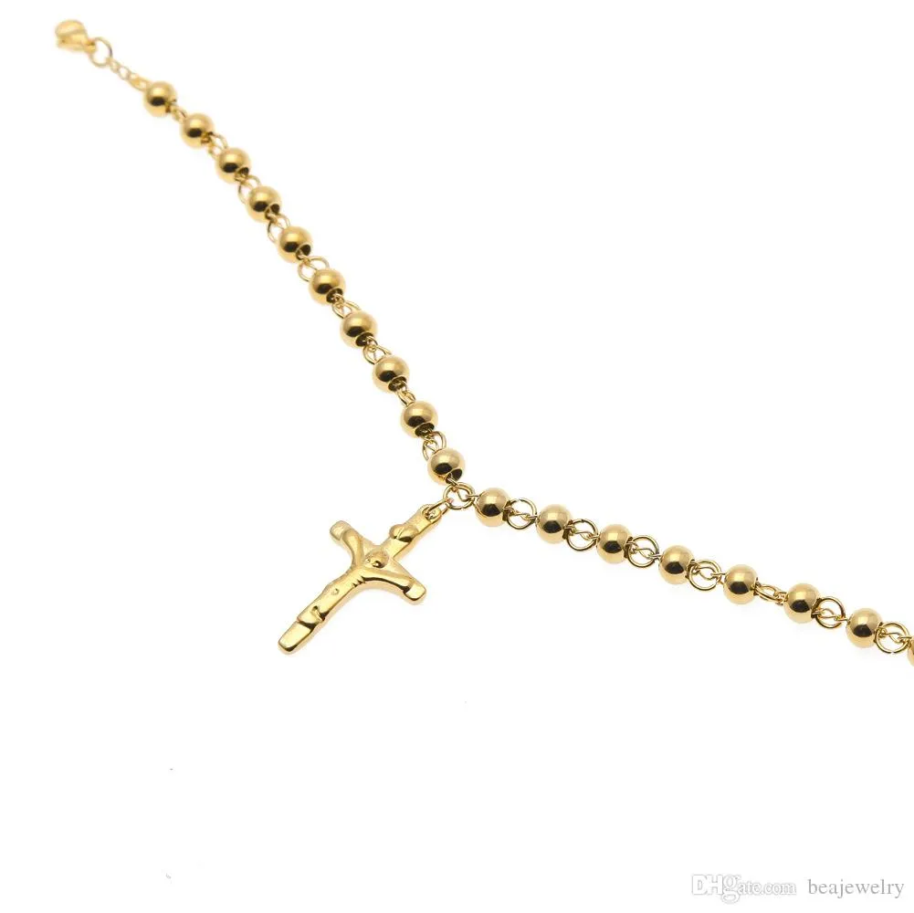 Unisex 14K Gold Plated Rosary Bead Bracelet Stainless Steel Cross With Jesus Charms Pendant Link Chain Religion Female pulseira