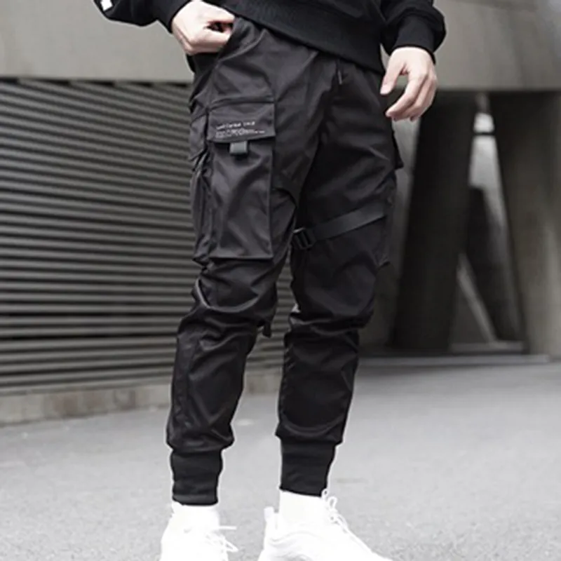 Men Ribbons Color Block Black Pocket Cargo Pants 2019 Harem Joggers Harajuku Sweatpant Hip Hop Trousers F1210