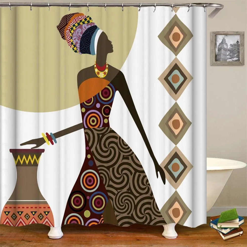 Tenda da doccia etnica Trible American African Woman Dancing Design Tende da bagno in tessuto di poliestere con ganci Orange T200711