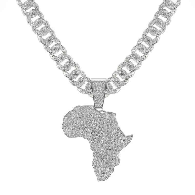 Collier pendentif carte de l'afrique en cristal pour femmes et hommes, accessoires Hip Hop, bijoux, ras du cou, chaîne à maillons cubains, cadeau 339E