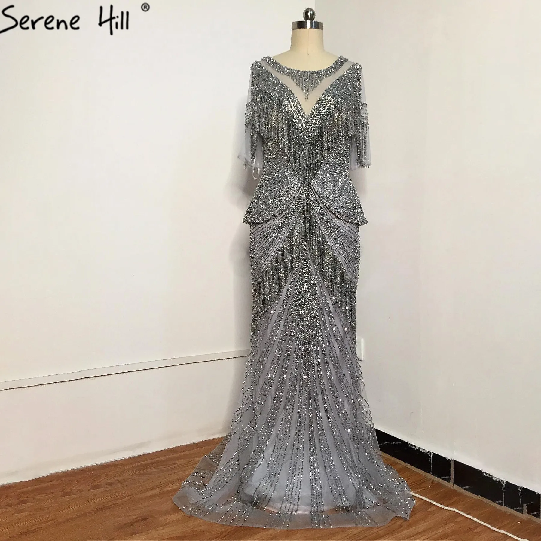 Serene Hill Dubai Silver Tassel Beading Mermaid aftonklänning Design 2020 Halva ärmar Lyxig sexig formell festklänning LJ201123