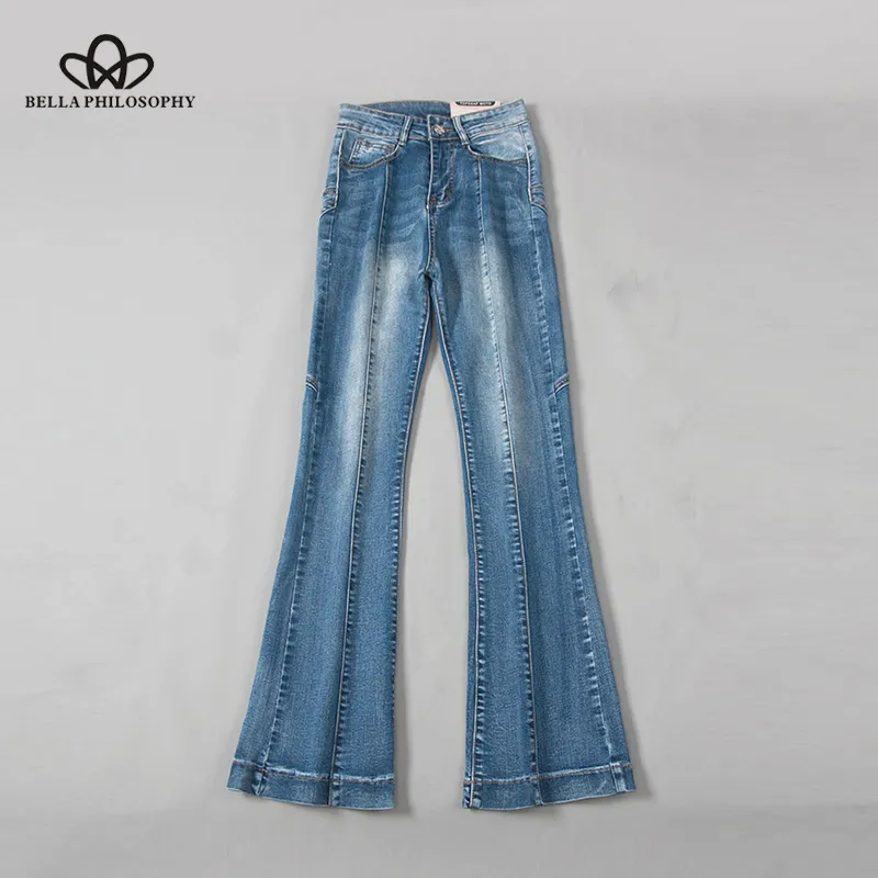 Bella Felsefesi Sonbahar Kot Kadın Fermuar Patchwork Yüksek Bel Kot Kadın Rahat Denim Beş Sırsır Yıldız Flare Pantolon 201105