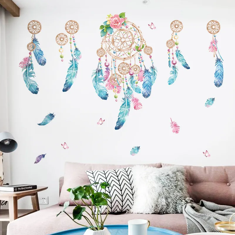 Colorful Feather Wall Stickers Catch Monternet Dream Catcher Art Design Decal Home Decoration Living Room Kid Room Door Sticker T200421