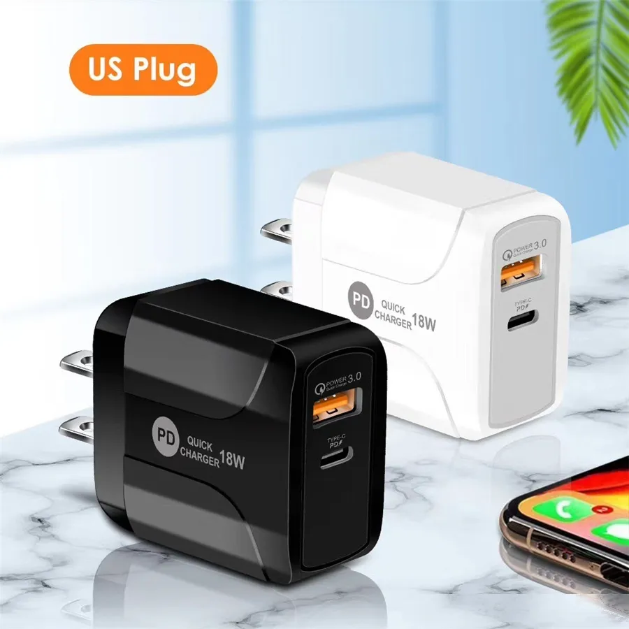 18W 25W snabb snabb laddning QC30 PD Typ C USB AC Dual Ports Travel Wall Charger EU US UK Plug för iPhone 7 8 X 11 Samsung LG Andro6257848