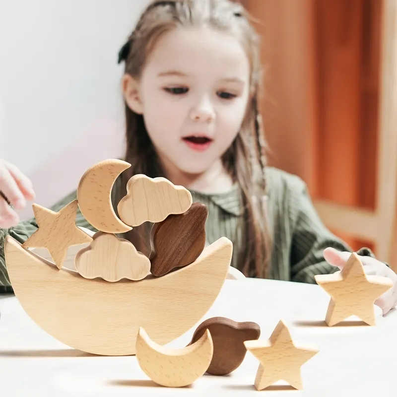 Montessori drewniane bloki Stars Moon Ułożone Zabawki Dla Dzieci Eonal DIY Balance Balance Konstruktor 220211
