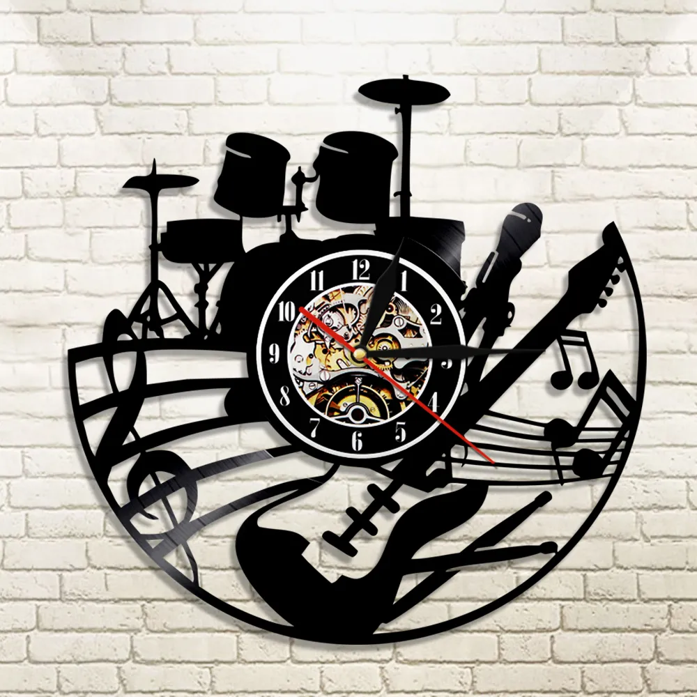 Kits de guitare et de batterie Horloge murale Joueur de guitare Musique Disque vinyle Horloge Rock Instrument de musique Guitare Wall Art Rock n Rock Gift 201118