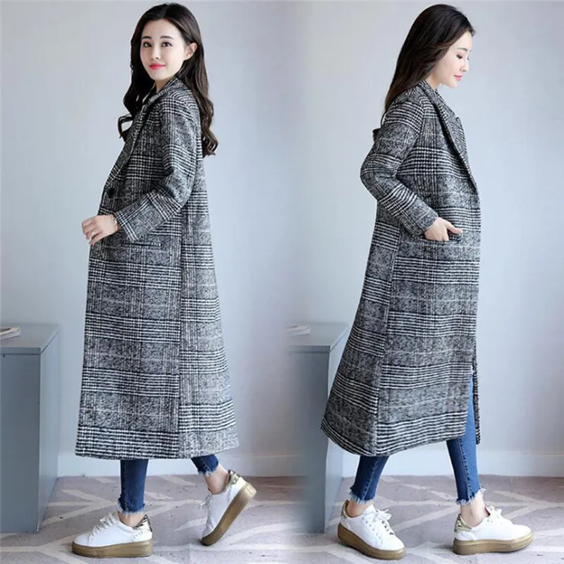 2020 Printemps Automne Manteau à carreaux pour femmes Nouvelle mode Long manteau de laine Type mince Femme Hiver Polyester Vestes Femme T200814