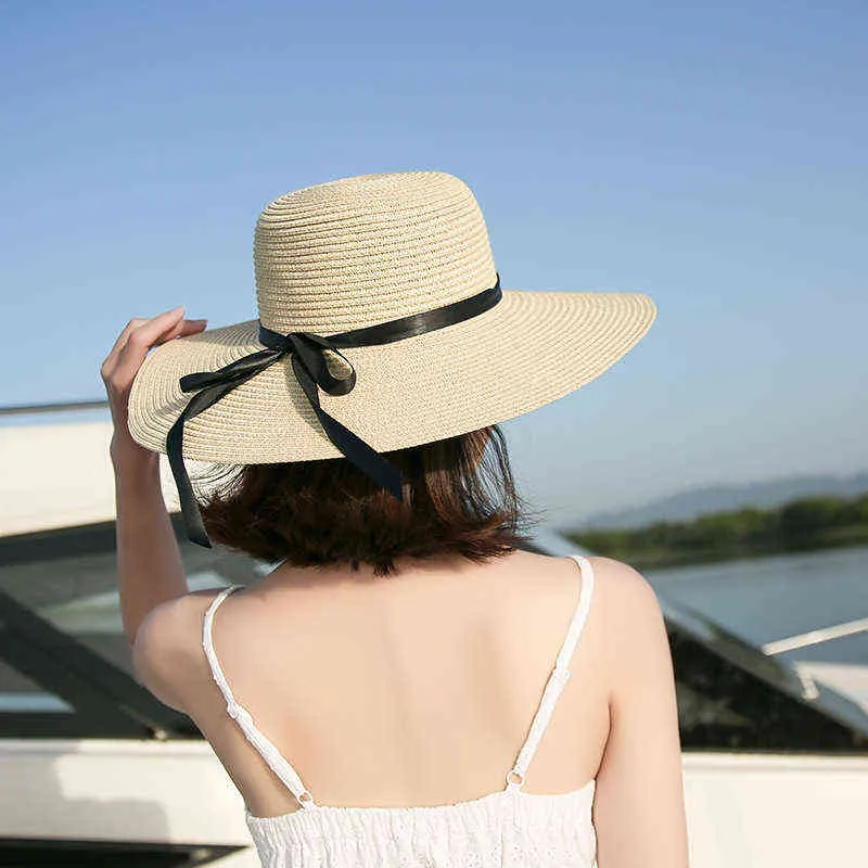 Женщины Новые Шляпы 2021 Летний Большой Брейм Соломенная Шляпа Глопная Широкая Breim Sun Cap Bowknot Beach Складные Шляпы G220301