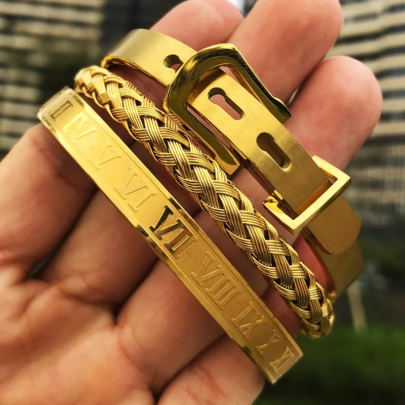 3 stks / set roestvrij staal mannen armbanden set zwart goud zilver kleur horlogeband polsband vlechten manchet armbanden sieraden J1211