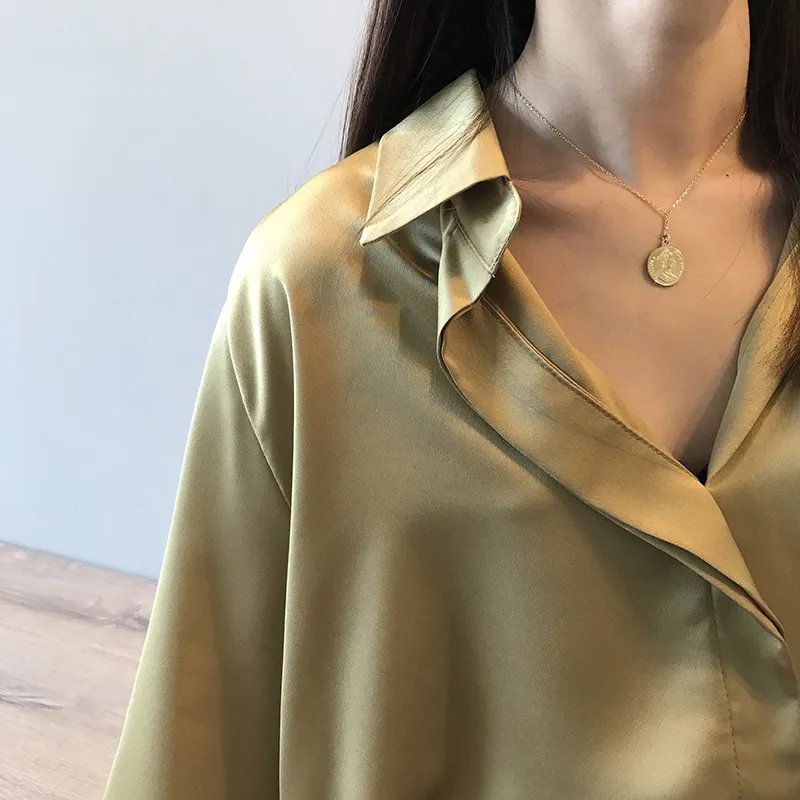 Sherhure 2020 Kadınlar Bahar Saten Bluzlar Down Yaka Saf Renk Boho Gömlek Blusas Roupa Feminina F1211 Tops