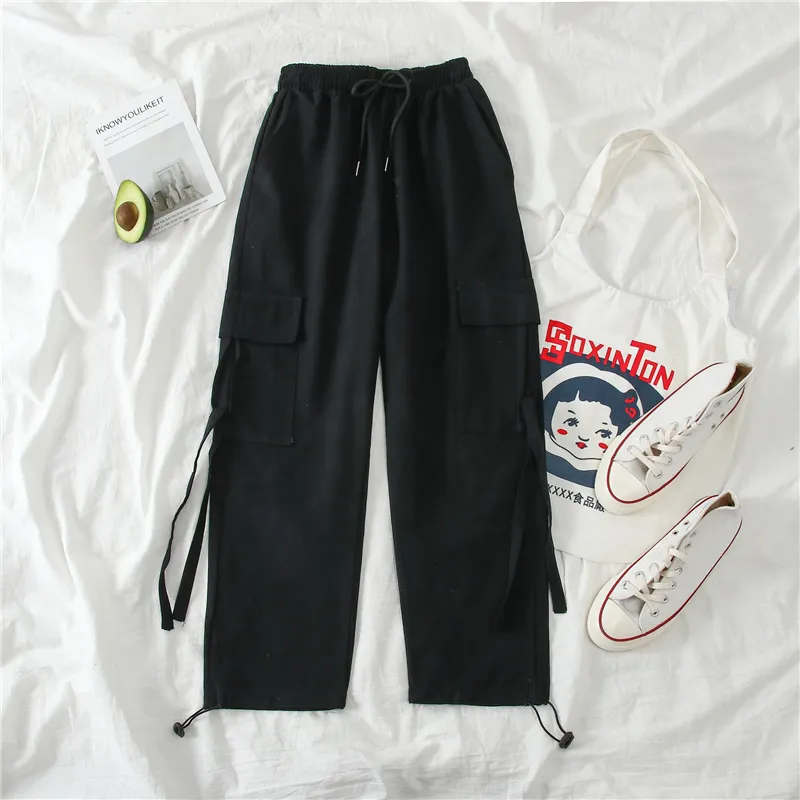 봄 카고 바지 학생 스포츠 캐주얼 트레이닝 복 여성 블랙 하이 웨이스트 포켓 바지 streetwear womens joggers sweatpants 201111