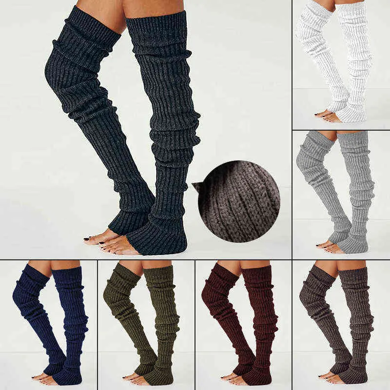 冬の長い暖かい脚の暖かい編み膝ハイソックスの女の子ブートトッパー靴下細かいストッキングニットかぎ針編みロングソックス211221