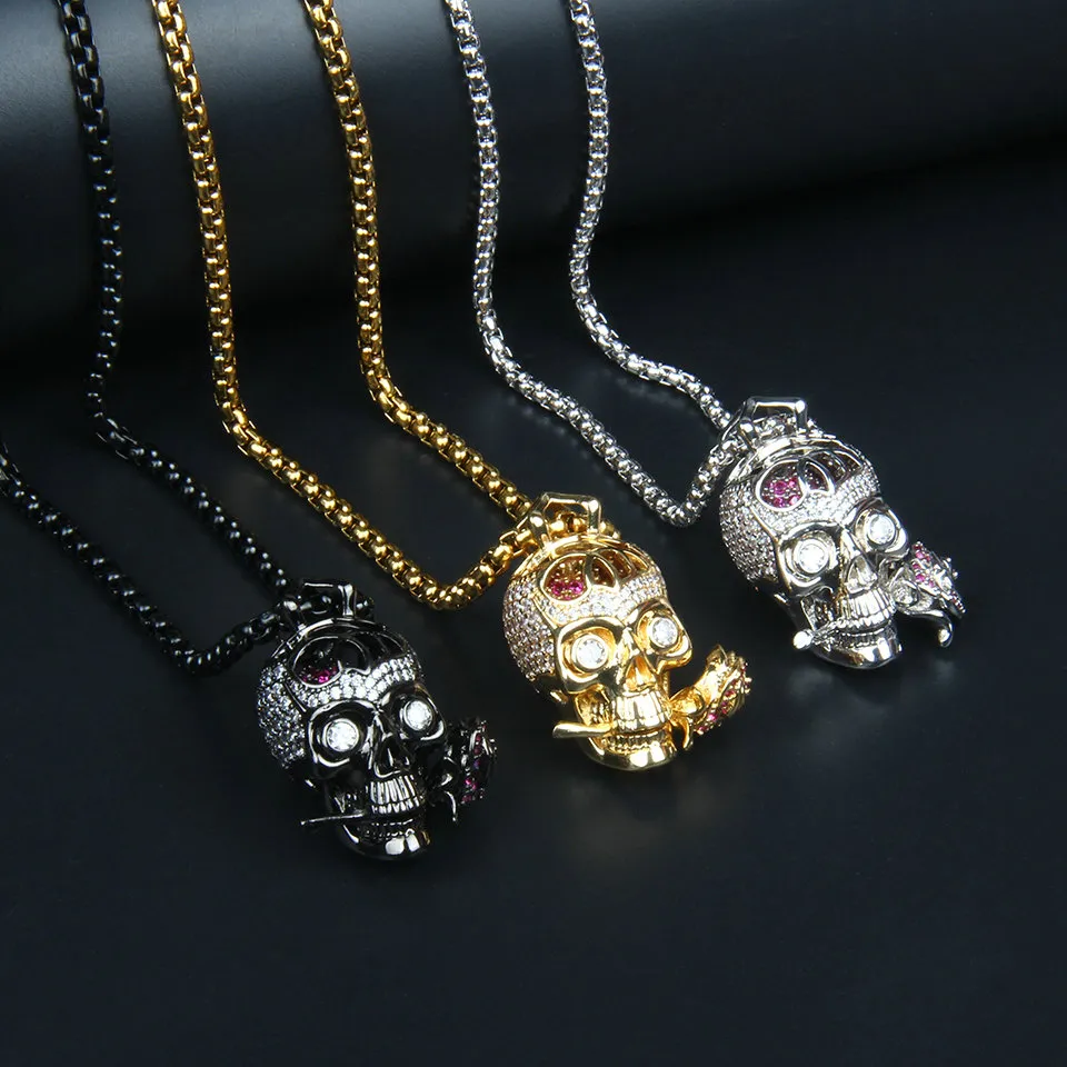 Clear CZ Rose Skull Necklace Fashion Rostfritt stål smycken gåva hänge metall länk kedja parti män 26x21mm227q