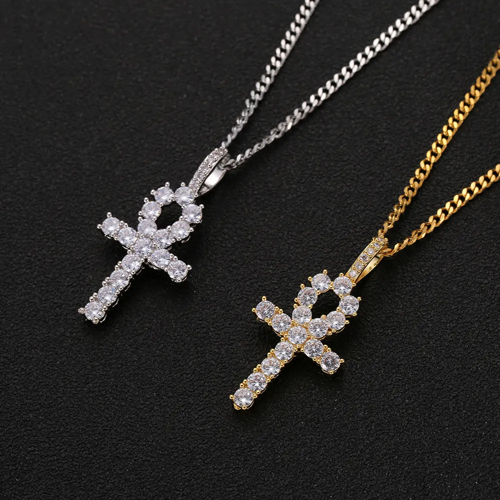 Iced Out CZ Key of Life Egypt Cross Pendant Necklace 4mm Tennis Chain SGold Silver for Men Hiphop Jewelry250t