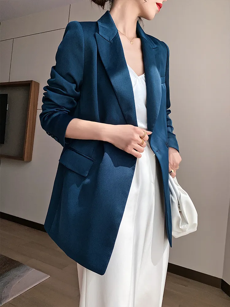 Blazer bleu pour femmes automne tendance style coréen luxe satin costume veste OL manteau de travail femme vêtements de dessus 201201