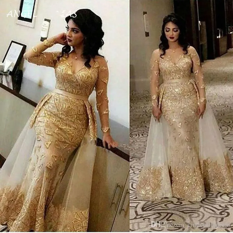 2020 glitter ouro vestidos de noite árabe sheer mangas compridas rendas sereia vestidos de baile com decote em v tule apliques sobre saia festa formal 226v