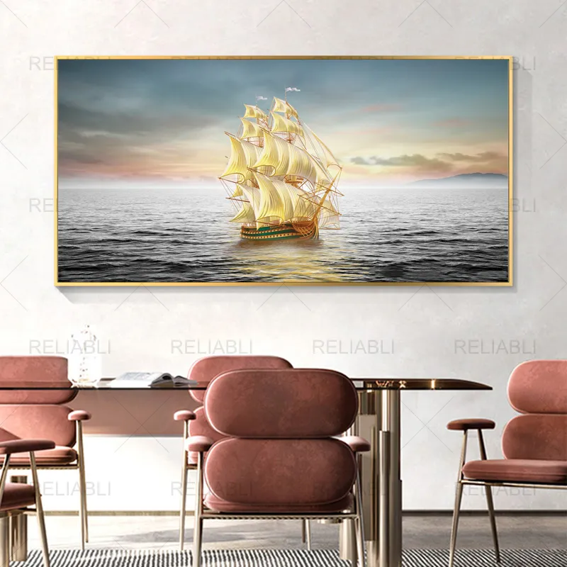 Moderne Landschaft Poster und Drucke Gold Boot auf dem Meer Leinwand Malerei Wandbilder für Wohnzimmer Dekoration Kein Rahmen