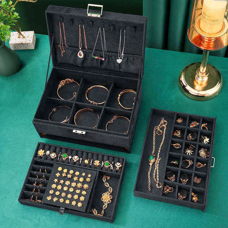 WE Übergroße 3-lagige schwarze Flanell-Schmuckschatulle boite a bijou Schmuck-Organizer Halskette Ohrring Ring Aufbewahrungsbox für Frauen Geschenke 220105