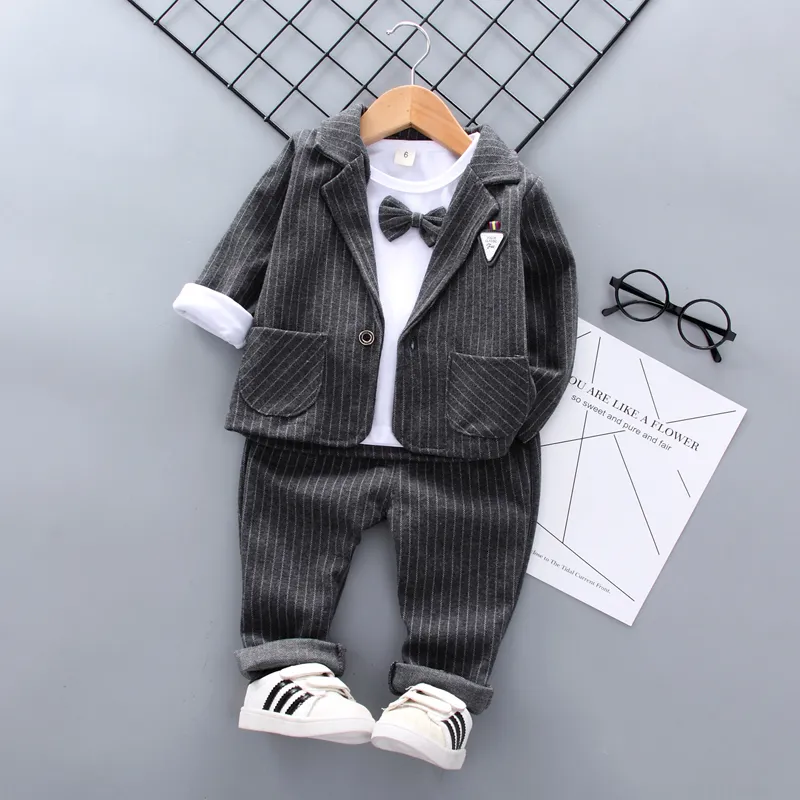 2020 Nouveau Printemps Enfants Enfants Cravate Blazer Coton Formel Gentleman Garçons Occasionnels Vestes T-Shirt Pantalon / Ensembles Infant Costume Vêtements LJ201202