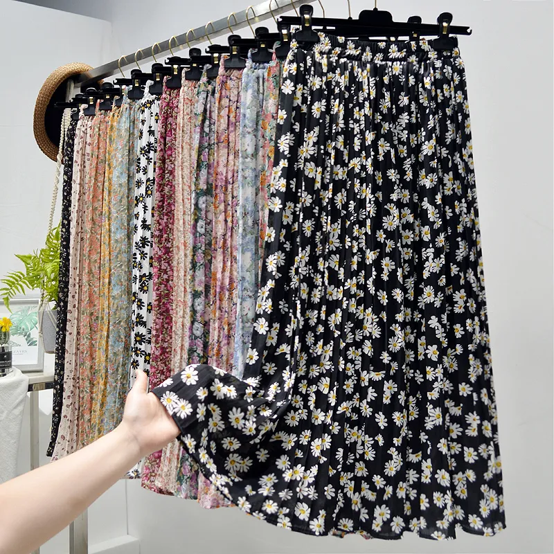 Summer Skirts Womens Vintage Floral Print Chiffon Pleated Elastic High Waist Casual Midi Women Clothes Jupe 220221