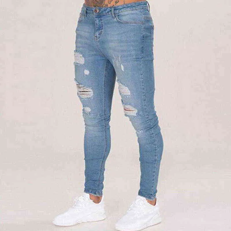 Jeans da uomo con buchi strappati Casual Nero Blu Skinny slim fit Pantaloni in denim Biker Jeans Hip Hop con Holel sexy 220115
