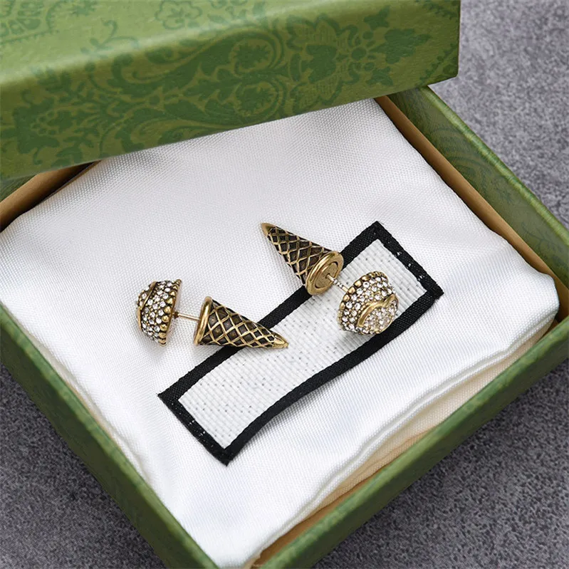 Creative Ice Cream Charm Earrings Metal Double Letter Earndrops Shiny Diamond Studs Women Party Date Danger med present Box293a