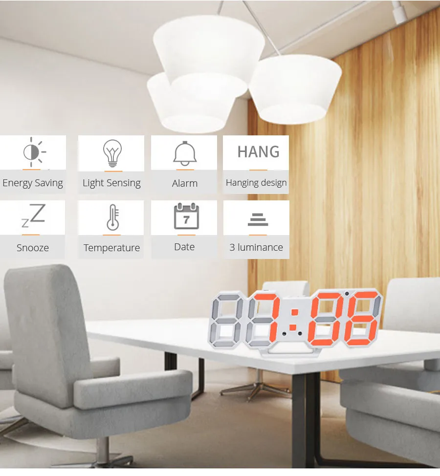 LED Digital väggklocka Alarm Datum Temperatur Automatisk Bakgrundsbelysning Tabell Skrivbord Heminredning Stand Hang Klockor Q1124