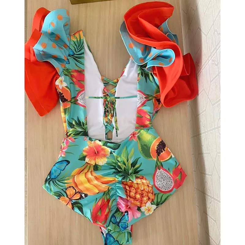 Sexy Wzburzyć Drukuj Kwiatowy Swimsuit Off The Shoulder Swimwear Kobiety Solid Deep-V Beachwear Kostium Kąpielowy Monini 220308