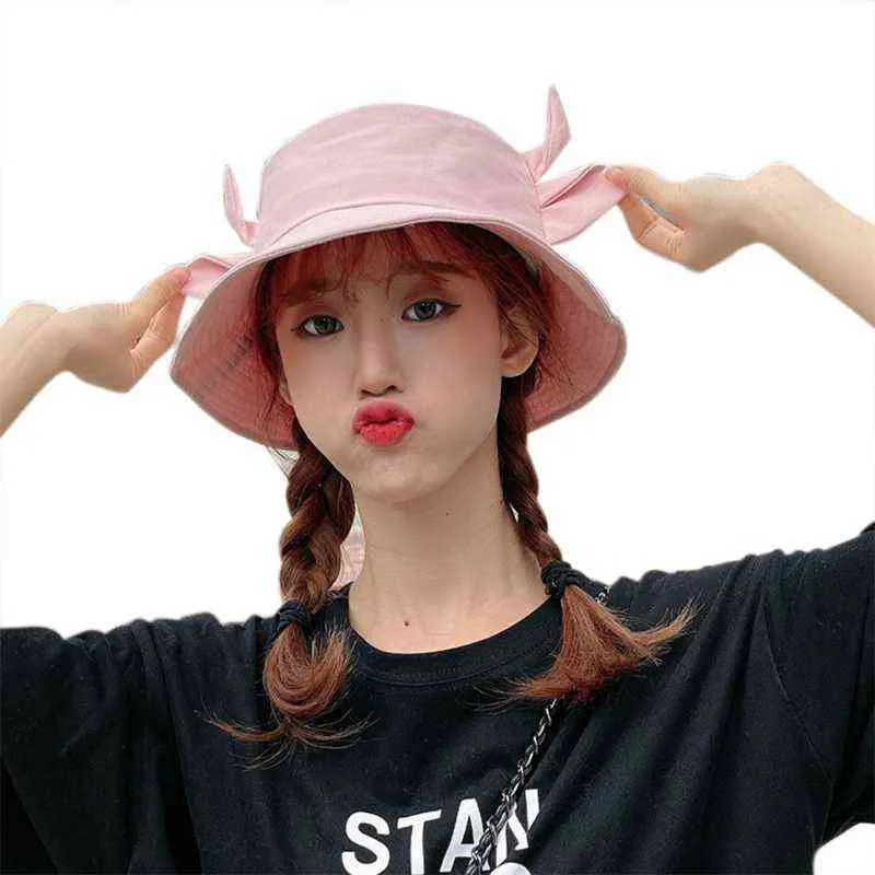 Coréen femmes hommes été coton seau chapeau lait vache motif Kawaii 3D corne de boeuf oreilles large bord crème solaire pêcheur casquette Y220301